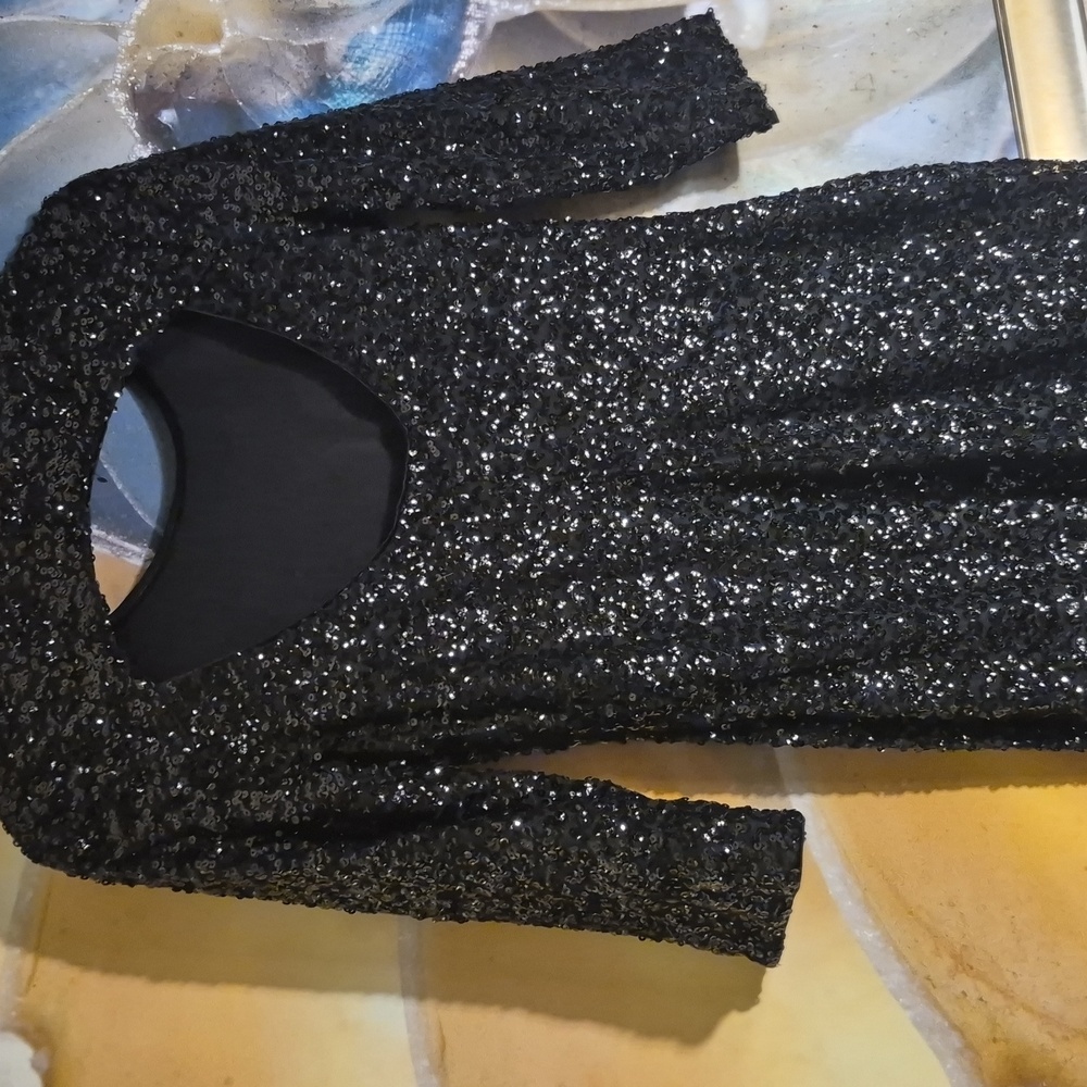 Express Sparkling Black Sequin Long Sleeve Dress - Picture 6 of 7